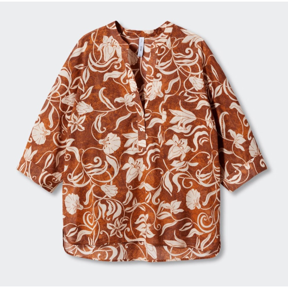 Mango MNG Brown White Floral Oversized Blouse Women's‎ Medium Boho Resort Top